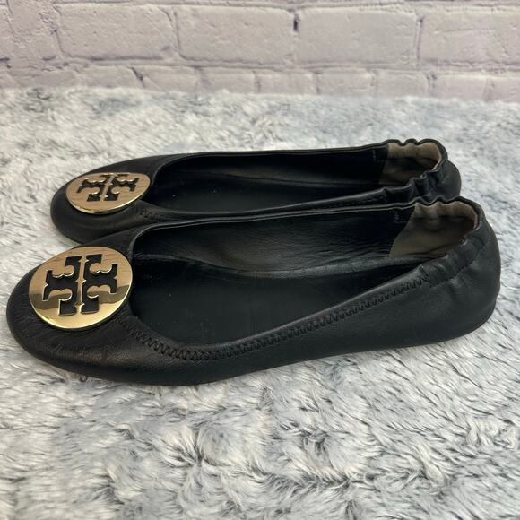Tory Burch Minnie Ballet Flats Black Leather Gold Circle Logo Size 7M Loafers - Picture 3 of 13